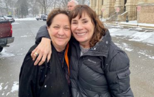 Nancy Smith (l) and Donna Mayerson (r) on the day of Nancy's exoneration. 